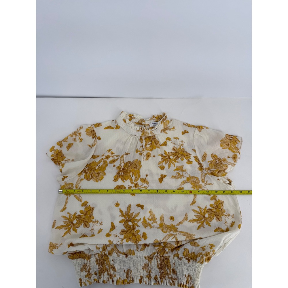 Rose + Olive Sz XL Mustard Yellow Floral Butterfly Smocked Hem Ruffle Blouse - Picture 5 of 8